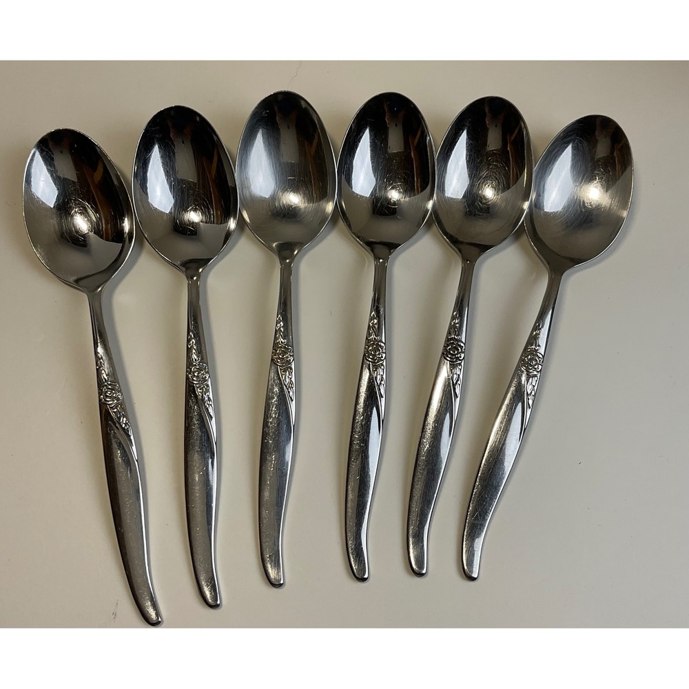 Oneida Wm A Rogers La Rose Soup Spoons Vintage Stainless Steel Set of 6 Floral